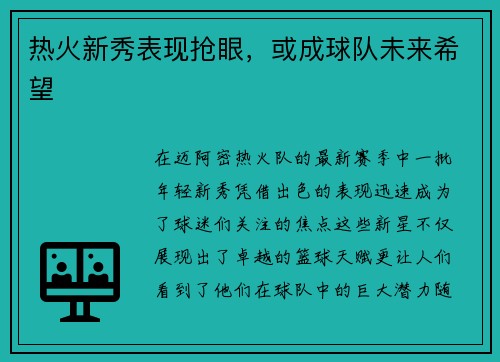 热火新秀表现抢眼，或成球队未来希望